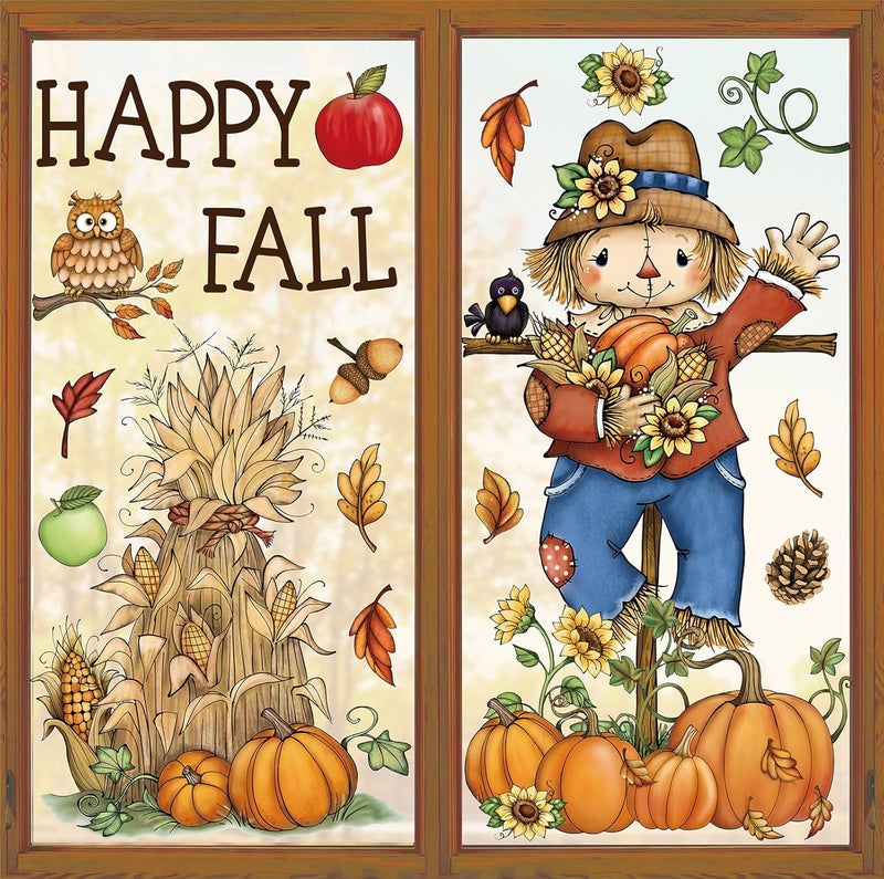 Whaline 6 Sheets Thanksgiving Window Clings Fall Vintage Scarecrow Grain Pile Pumpkin Reusable Window Decals for Autumn Harvest Thanksgiving Party Supplies Home Classroom Office Decor - Image 1